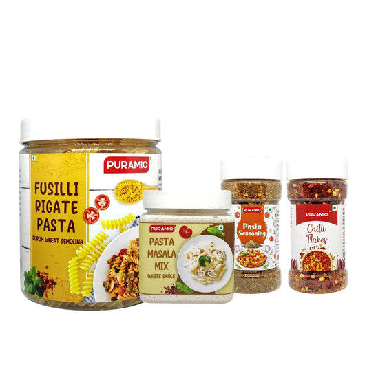 Puramio Pasta Combo Pack Fusilli - Durrum Wheat Semolina Pasta (480g), Pasta Masala Mix - White Sauce (250g), Pasta Seasoning (100g) & Chilli Flakes (70g)