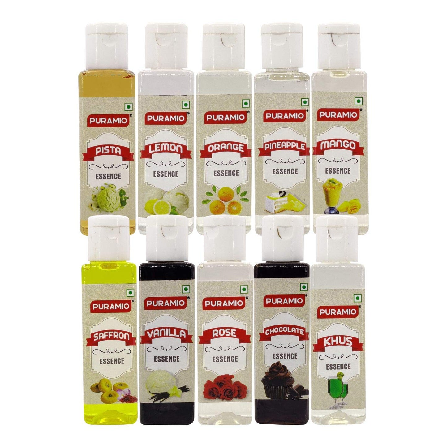 Puramio Culinary Food Essence 30ml each, Pack of 10 Flavors (Vanilla, Rose, Pineapple, Orange, Lemon, KHUS, Saffron, Pista, Mango, Chocolate)