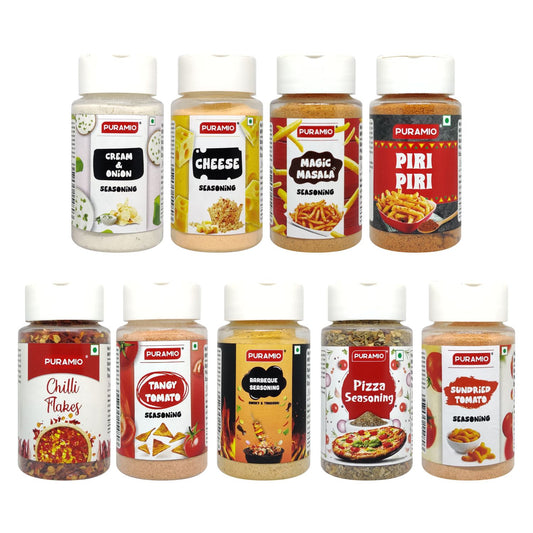 PURAMIO Seasoning Combo (Pack of 9) - (Tangy Tomato, Cream & Onion, Cheese, Barbeque, Magic Masala, Sundried Tomato, Piri Piri, 60g each) & (Chilli Flakes, 40g), (Pizza Seasoning, 50g)