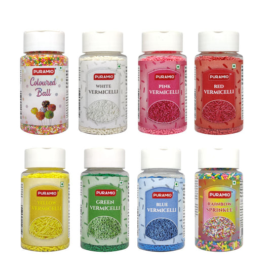 Puramio Combo Pack of 8 Vermicelli Sprinkles for Cake Decoration - Coloured Balls, White, Yellow, Rainbow, Pink, Red, Green & Blue