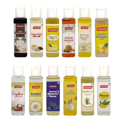 Puramio Liquid Food Concentrated Flavours,(Pack of 12-30ml), (Vanilla, Pineapple, Coffee, Almond Milk, Blueberry, Khus, Kesar Pista, Kesar Badam, Kesar Kulfi, Rabri, Lychee, Banana)