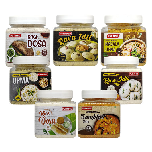 Puramio Instant Breakfast Mix Combo (Pack of 7) - Rice Dosa, Rice Idli, Rava Idli, Ragi Dosa, Upma, Masala Upma & Sambhar - 200g Each