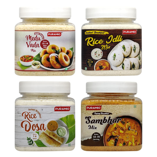 Puramio Instant South Indian Breakfast Mix Combo (Pack of 4) - Rice Dosa, Rice Idli, Medu Vada & Sambhar - 200g Each
