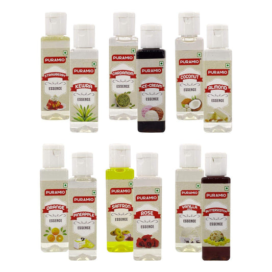 Puramio Liquid Food Essence 50ml (Pack of 12) - Vanilla White, Pineapple, Rose, Orange, Saffron, Cardamom, Butterscotch, KEWRA, Strawberry, Almond, Coconut, ICE Cream