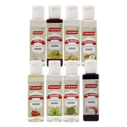 Puramio Liquid Food Essence, (Pack of 8 30ml )- (VANILLA WHITE, CARDAMOM, BUTTERSCOTCH, KEWRA, STRAWBERRY, ALMOND, COCONUT, ICE CREAM)