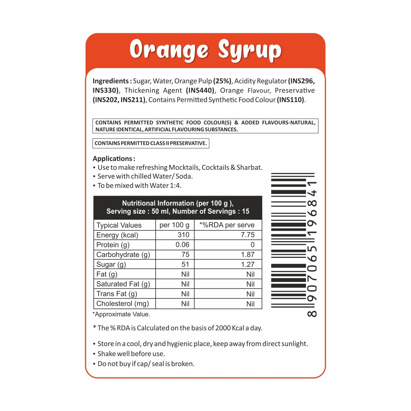 Puramio Orange Syrup for Cocktails/Mocktails/Lemonades/Ice Gola/Cold Brew Coffees, 750ml