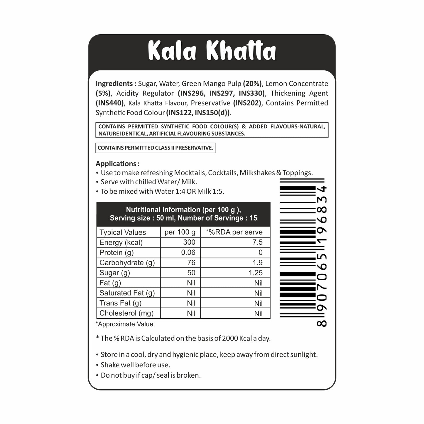 Puramio Kala Khatta Syrup for Cocktails/Mocktails/Drinks, Juices, Beverages/Lemonades/Ice Gola, 750ml