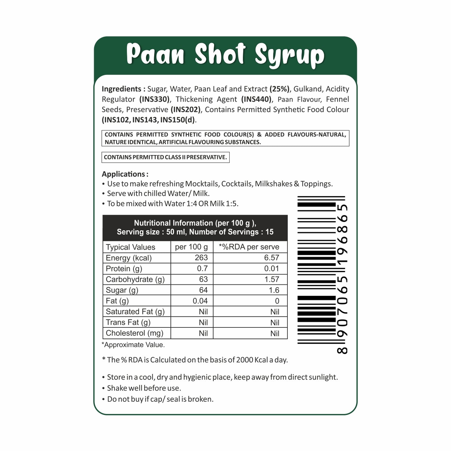 Puramio Paan Shot Syrup for Cocktails/Mocktails, 750ml