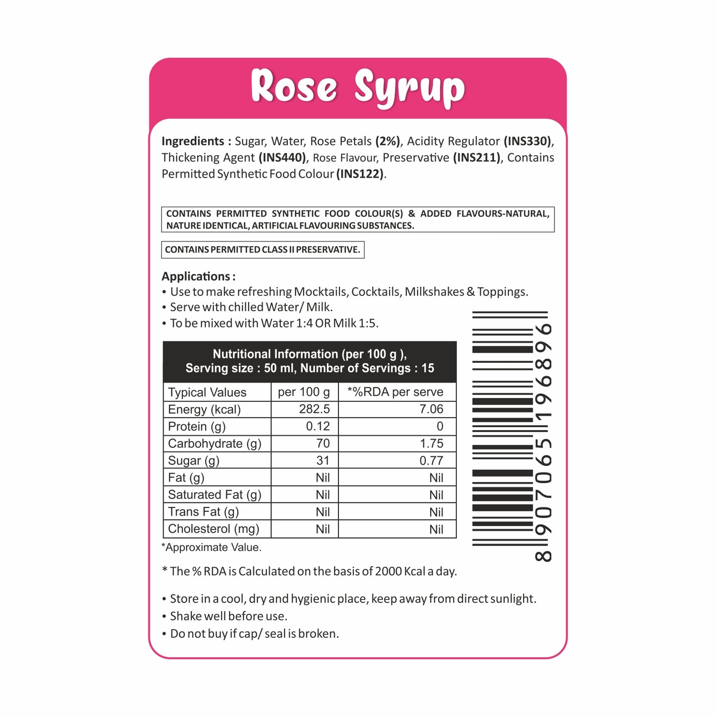 Puramio Rose Syrup for Cocktails/Mocktails, 750ml