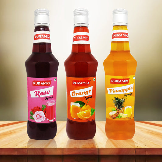 Puramio Syrup Combo of- Rose, Orange & Pineapple for Cocktails/Mocktails/Lemonades/Ice Gola/Cold Brew Coffees, (Pack of 3) 750ml Each